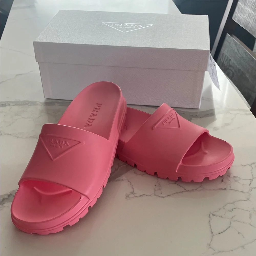 Prada Iconic Logo Vibrant Pink Slides - Picture 1 of 6
